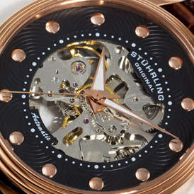 STUHRLING Delphi Rose Gold Automatic Skeleton Mens Watch