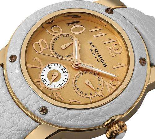 AKRIBOS XXIV Multifunction White Leather Oversized Ladies Watch