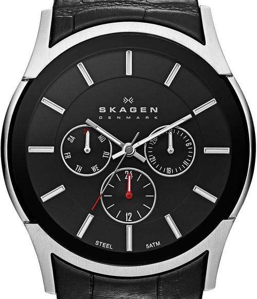 Authentic SKAGEN Denmark Black Leather Multifunction Mens Watch