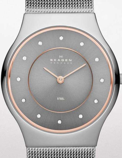 Authentic SKAGEN Denmark Ultra Slim Crystal Accented Grey Dial Ladies Watch