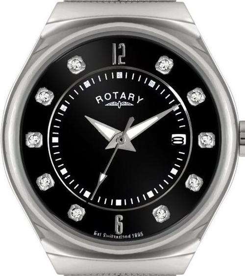 Authentic ROTARY Crystal Accented Black Leather Ladies Watch