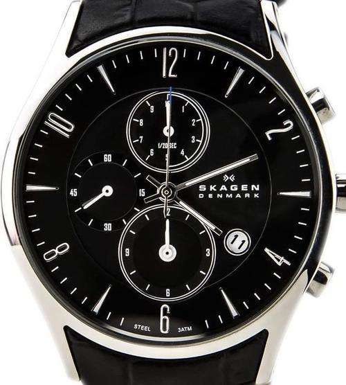 Authentic SKAGEN Denmark Black Leather Chronograph Mens Watch