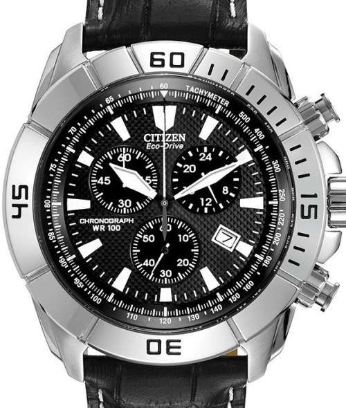 Authentic CITIZEN Eco-Drive Black Leather Chronograph Mens Watch