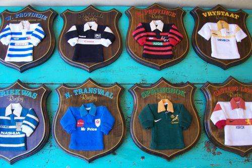 8 Piece Minature 1997  SA Rugby Jerseys on Wooden Plaque