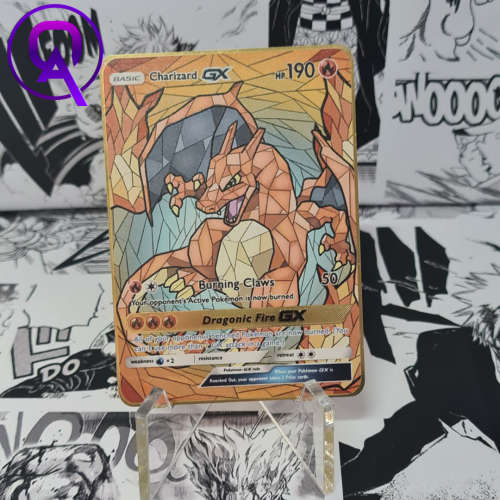 Pokemon Gold Metal Cards - Charizard GX + Display stand