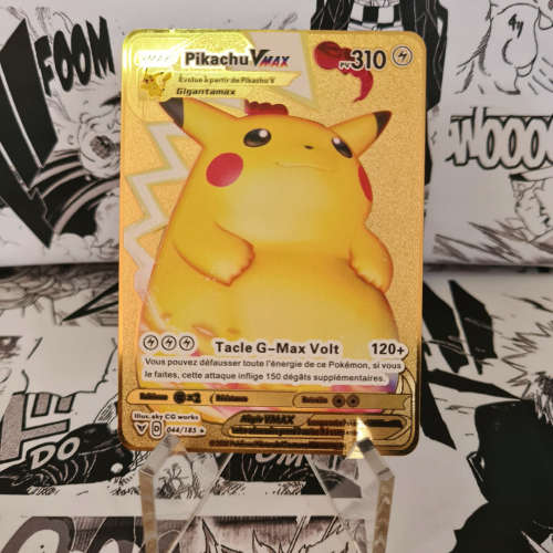 Pokemon Gold Metal Cards - Pikachu VMax  + Display stand [French]