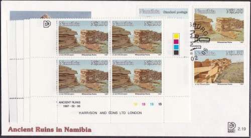 NAMIBIA - ANCIENT RUINS IN NAMIBIA, FDC 2.19 WITH SET OF 4 U/M CONTROL BLOCKS!!!!!