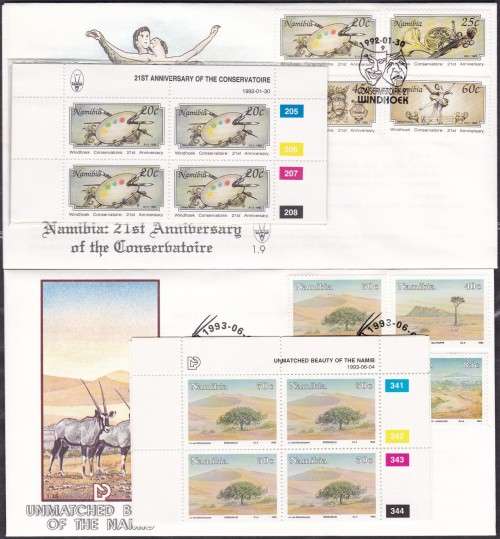 NAMIBIA - 2 X CLEAN FDC'S, BOTH WITH SETS OF 4 U/M CONTROL BLOCKS, FDC 1.9 & FDC 1.15!!!!!