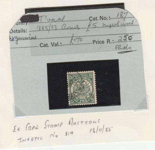 TRANSVAAL-1885/93 ARMS-5 POUND-FINE USED,VERY POSSIBLY GENUINE,SEE CARD & LETTER