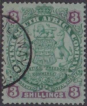 BSAC RHODESIA - LARGE ARMS, 3 SHILLING SINGLE STAMP, FINE USED - CV:R790!!!!!