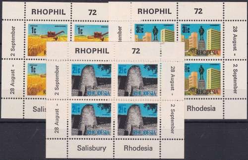 RHODESIA - RHOPIL 1972, SET OF 3 MINISHEETS (PERF ALL ROUND; BROWN GUM) - FINE U/M!!!!!