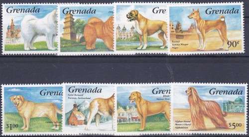 GRENADA - DOG THEMATICS, 1993 DOGS OF THE WORLD, SET OF 8 SINGLES, SUPERB U/M - GOOD CV:R170!!!!!