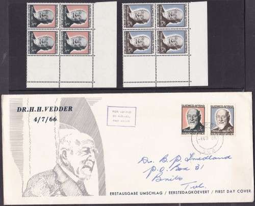 SWA - DR.VEDDER, SET OF 2 U/M CORNER BLOCKS OF 4 PLUS ILLUSTRATED FDC - FINE:GOOD CV LOT!!!!!
