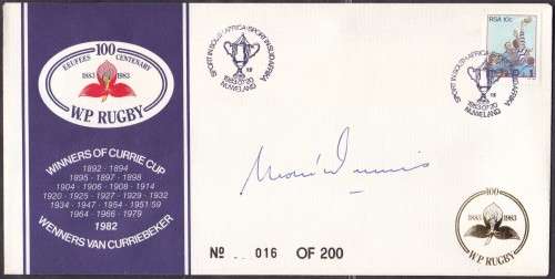 RSA - WP RUGBY CENTENARY FDC (GOLD), SIGNED BY SPRINGBOK CAPTAIN MORNE DU PLESSIS - FINE!!!!!