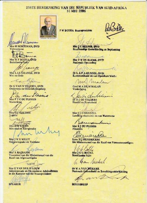 RSA-25TH ANN.-RARE DOCUMENT SIGNED BY PW BOTHA & WHOLE NATIONAL ASSEMBLY-NEVER SEE THIS AGAIN!!