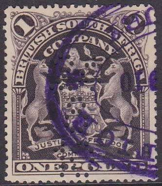 BSAC RHODESIA - 1898 ARMS, 1 POUND SINGLE STAMP - FINE FISCAL USED!!!!!