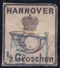 GERMANY - HANNOVER, 1860 COACH HORN, 1/2GR BLACK ON WHITE, USED (NARROW MARGIN) - CV:R3915!!!!!