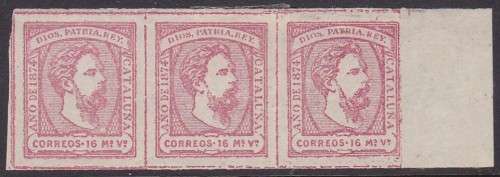 SPAIN - CARLIST ISSUE, 1874 DON CARLOS 16 MS, IMPERF STRIP OF 3 M/M - CV:R320!!!!!