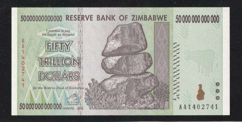 ZIMBABWE 2008 FIFTY TRILLION DOLLAR BANKNOTE,SUPERB CRISP UNCIRCULATED
