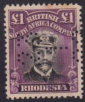 BSAC RHODESIA - KGV ADMIRAL, 1 POUND FISCALLY USED SINGLE PERFIN - POSTAL USED CV:R10 000!!!!!