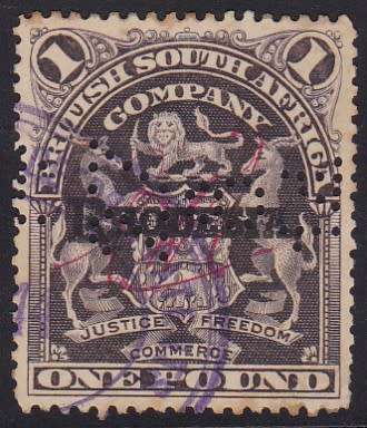 BSAC RHODESIA - 1909 ARMS, 1 POUND SINGLE - FINE FISCALLY USED!!!!!