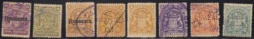 BSAC RHODESIA - 1898 ARMS, ASSORTED FISCAL USED SINGLES TO 5/ & 10/ - ALL FINE!!!!!