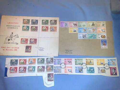 LESOTHO-ASSORTED DEF SETS ON PIECE AND ON COVER,FAIR.LARGE COVER HAS RUST,OTHERS CLEAN