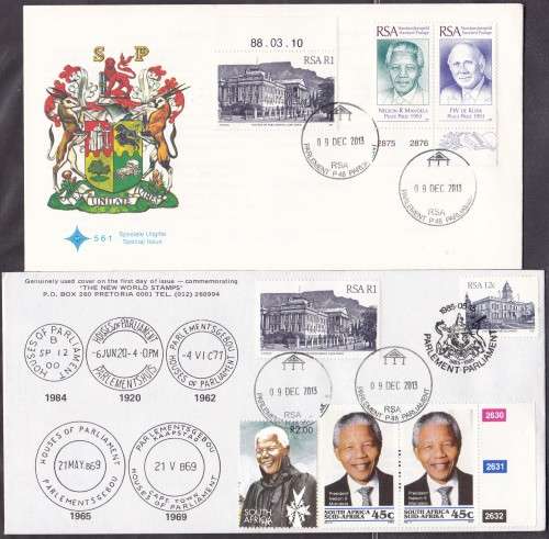 RSA - MANDELA & PARLIAMENT, 2 X SPECIAL FDC'S, HAND CANCELLED 09/12/2013 OPEN DAY - FINE!!!!!