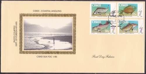 CISKEI - COASTAL ANGLING, SILK FDC NO.1/85, 1 COLOUR PROOF - FINE!!!!!