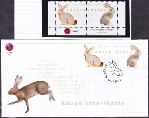 NAMIBIA - 2017 HARES & RABBITS, FDC 5.20 WITH U/M IMPRINT PAIR - FINE!!!!!