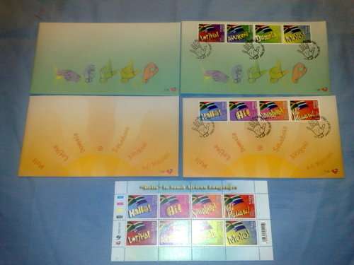 RSA-HELLO IN SA LANGUAGES-SET OF 2 FDC 798799-PLUS FULL SHEET UM (FACE R7960) PLUS SET UNS FDC