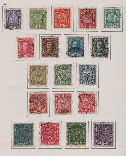 AUSTRIA-1916 SET TO 10 KRONEN-GOOD USED,MOUNTED ON PAGE-CV R960-SOME SOILING,CAN EASILY BE CLEANED