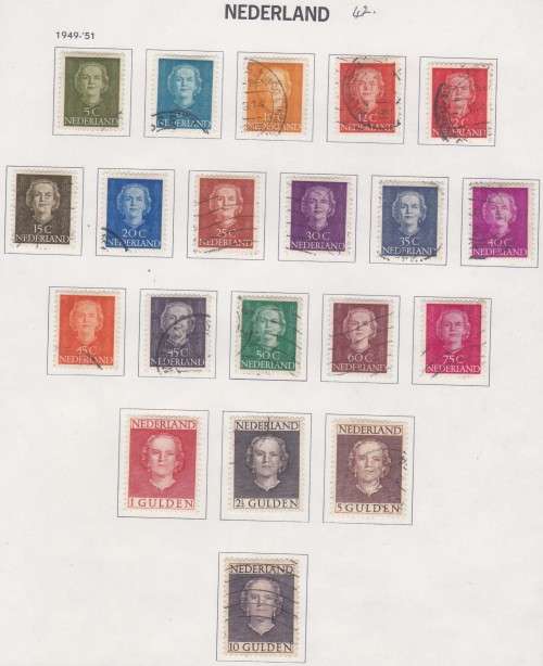 NETHERLANDS - 1949 QUEEN JULIANA, FINE USED SET OF SINGLES TO 10 GULDEN - CV:R675!!!!!