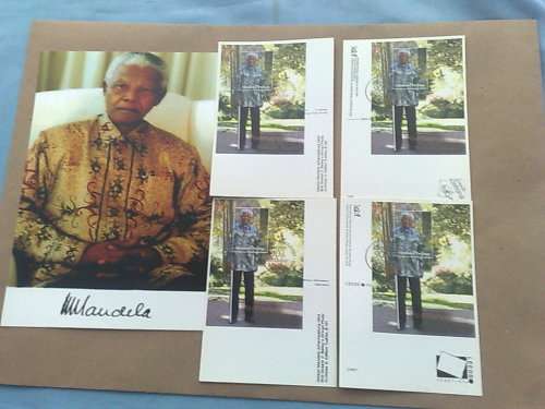 MANDELA-SCARCE SET OF 4 MAXICARDS,EACH WITH M/SHEET ON BACK-PLUS FREE SIGNED PHOTO(PRINTED)