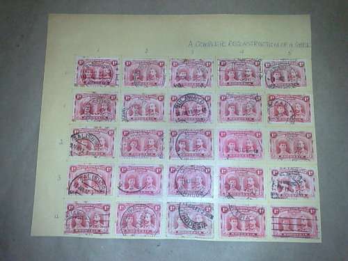 BSAC RHODESIA-50 X DOUBLE HEADS,1D RED-ON 2 CARDS-ALL PLATED IN POSITION-USED,VARIOUS POSTMARKS