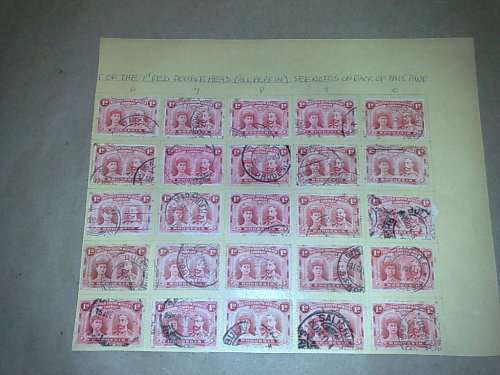 BSAC RHODESIA-50 X DOUBLE HEADS,1D RED-ON 2 CARDS-ALL PLATED IN POSITION-USED,VARIOUS POSTMARKS
