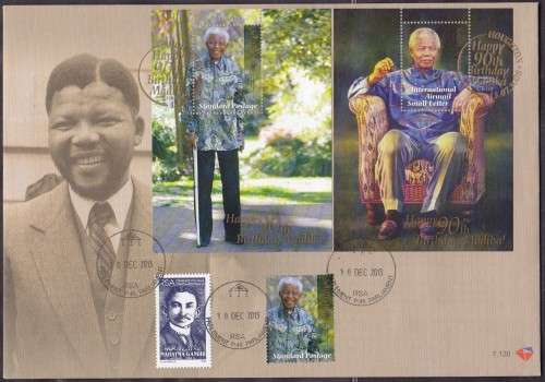 RSA - MANDELA, FDC 7.130 + GANDHI STAMP + CANCELLED 10 DEC 2013 - HUMAN RIGHTS DAY!!!!!