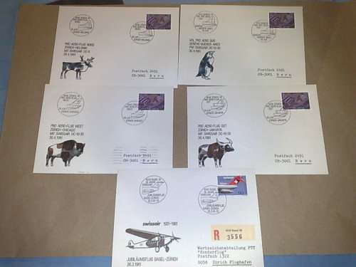 SWISSAIR-SET OF 5 ILLUSTRATED FIRST FIGHT COVERS,5OTH ANNIVERSARY-FINE,CLEAN,NOT COMMON-ONE BID