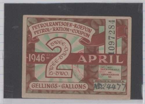 UNION SA-PETROL RATION COUPON 2 GALLONS-APRIL 1946-FINE -RED CANCELLATION