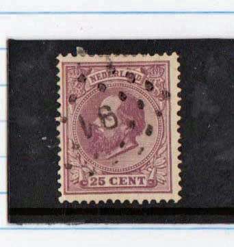NETHERLANDS-1872-88-KING WILLIAM-25C WITH PLATE FLAW-VIOLET DOT IN MARGIN-CV R500-FINE USED