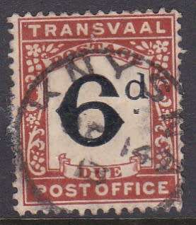 TRANSVAAL - 1907 POSTAGE DUE, 6D FINE USED SINGLE - CV:R250!!!!!