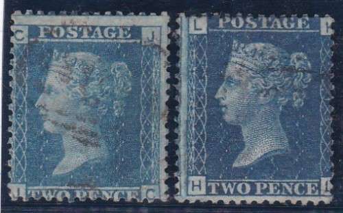 GB - QUEEN VIC, 2 X 2 PENNY BLUE SINGLES, PLATE 9 + PLATE 13 - FINE USED!!!!!