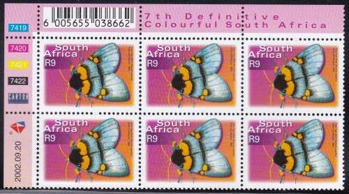 RSA - 7TH DEF ISSUE: BUTTERFLIES, R9 CONTROL BLOCK OF 6, DATED: 2002/09/20 - FINE U/M!!!!!