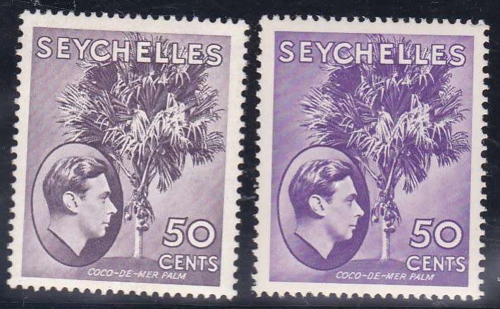 SEYCHELLES - 1938 KGVI, 2 X 50c SINGLES: LILAC + VIOLET, FINE LIGHTLY M/M - CV:R580!!!!!