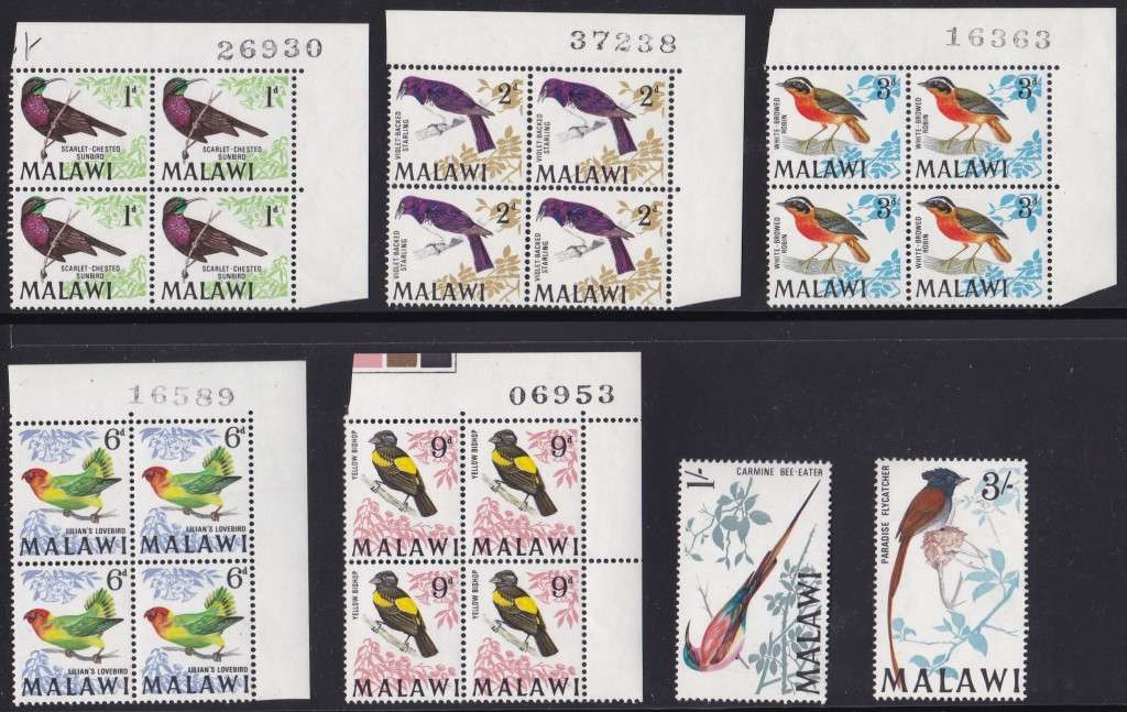 MALAWI - BIRDS, ASSORTED SHEET NUMBER BLOCKS + 1/ + 3/ SINGLES, ALL FINE U/M - GOOD CV LOT