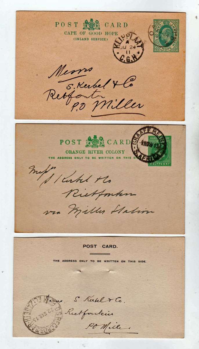 UNION SA-COGH-3 OLD POSTCARDS,SA RAILWAYS -KLIPPLAAT,MILLER STATION.P.E POSTMARKS 1911-1915-1922