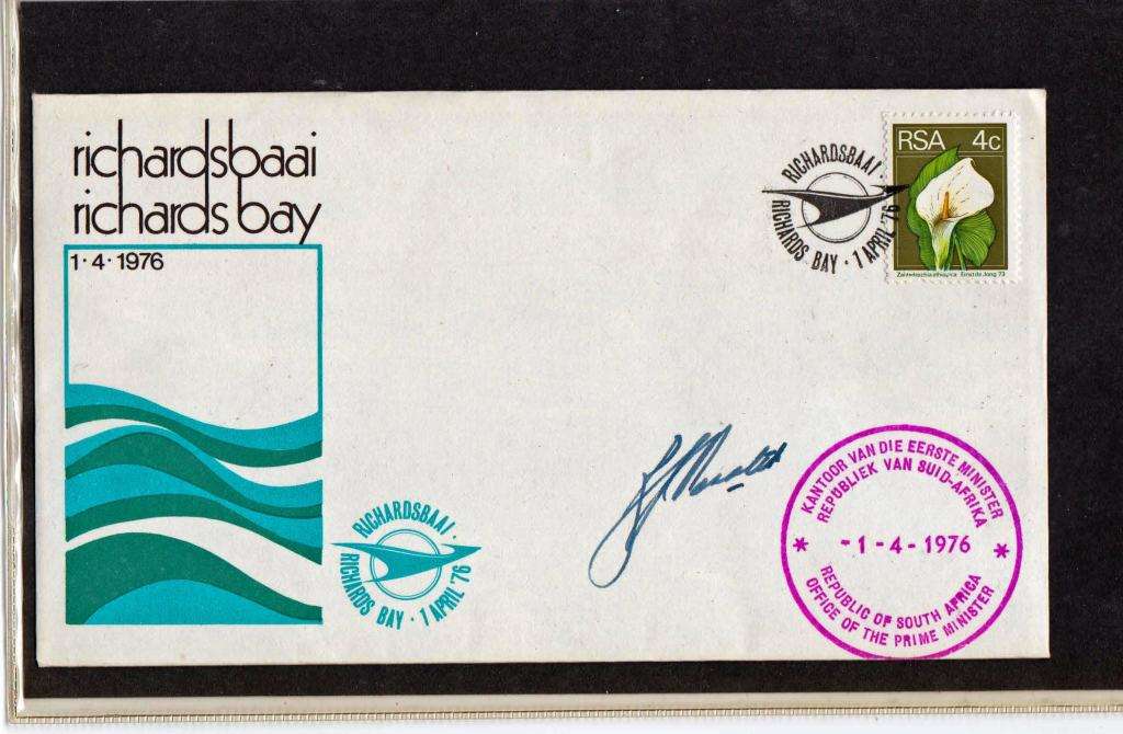 RSA-RICHARDS BAY FDC SIGNED BJ VORSTER-RUBBER STAMPED PRIME MINISTER,DATED DAY OF ISSUE