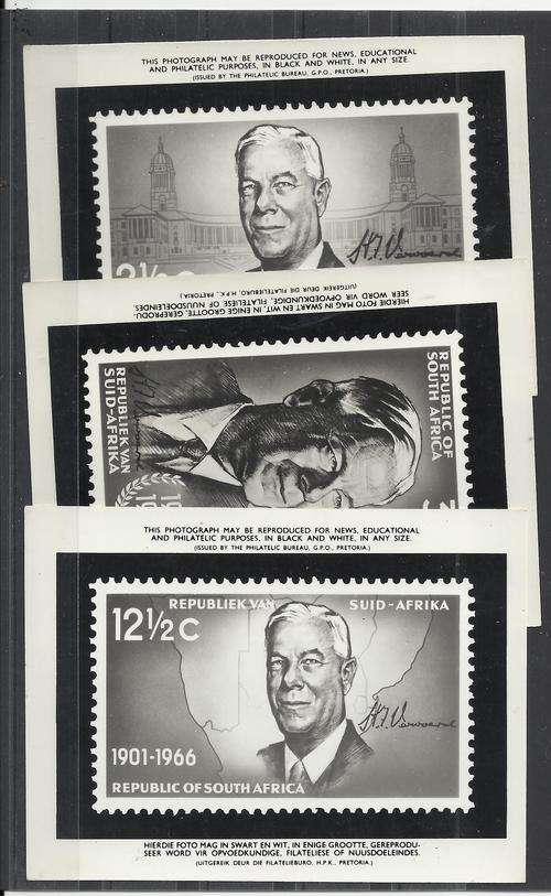RSA-HF VERWOERD -SET OF THREE BLACK./WHITE PHOTOS AS ISSUED BY PHILATELIC SERV,-SOUGHT AFTER!!