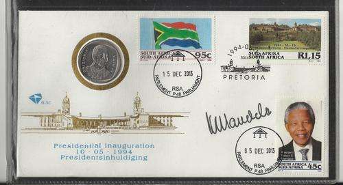 MANDELA-SIGNED INAUGURATION COIN FDC 6.3C-EXTRA STAMP PARLIAMENT CANCEL-READ DESCRIPTION!!