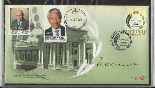 MANDELA/DE KLERK ON PARLIAMENT FDC 7.127-SIGNED BY FW DE KLERK-PARLIAMENT TRIBUTE CANCEL